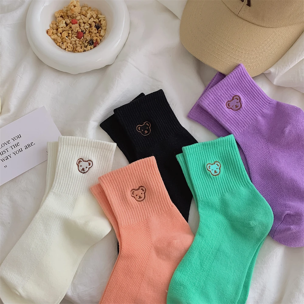 

Korean Style White Socks Woman Kawaii Bear Embroidery Socks Fashion Candy Color Summer Cute Socks Woman Medium Tube Long Socks
