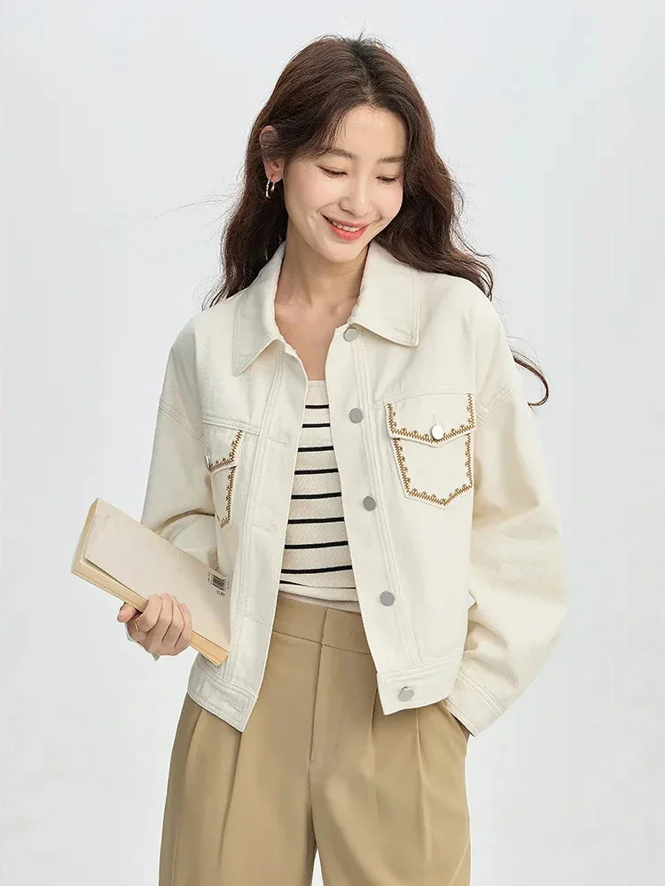 Женская джинсовая куртка с вышивкой бежевая Повседневная однобортная Ceketler