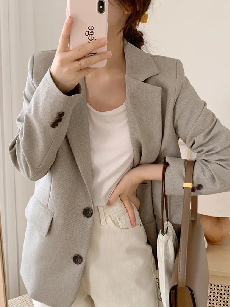 

Женский винтажный блейзер с длинным рукавом, элегантный однобортный офисный пиджак с отложным воротником в Корейском стиле на весну