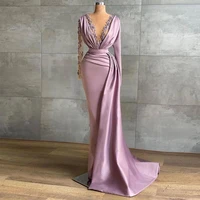 elegant satin mermaid evening dresses with long sleeves deep v neck lace appliqued prom party gowns ruched women robe de soiree