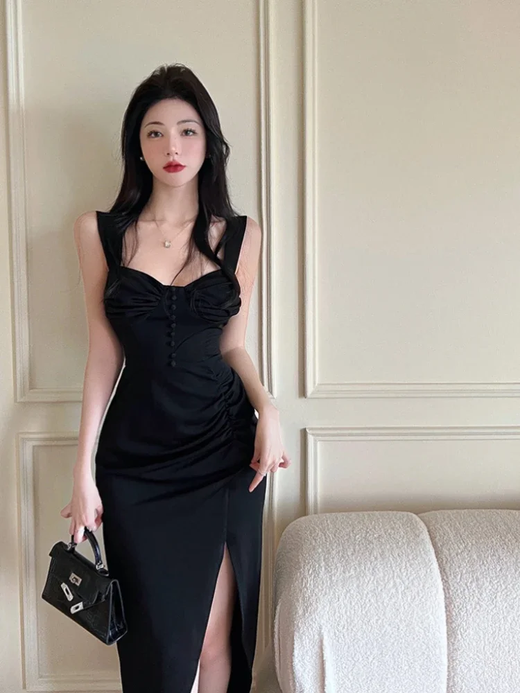 Ezgaga женское платье с разрезом на бретельках во французском стиле тонкие вечерние