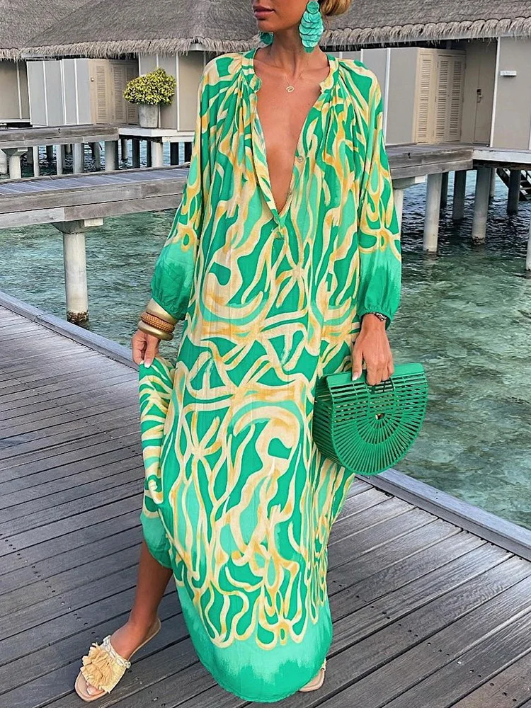 

Cover-Ups Long Dress Women Swimwear Full Sleeve Sundress Bathing Suit 2022 Summer Print Beach Holiday Bikini Cover Ups Swimsuit