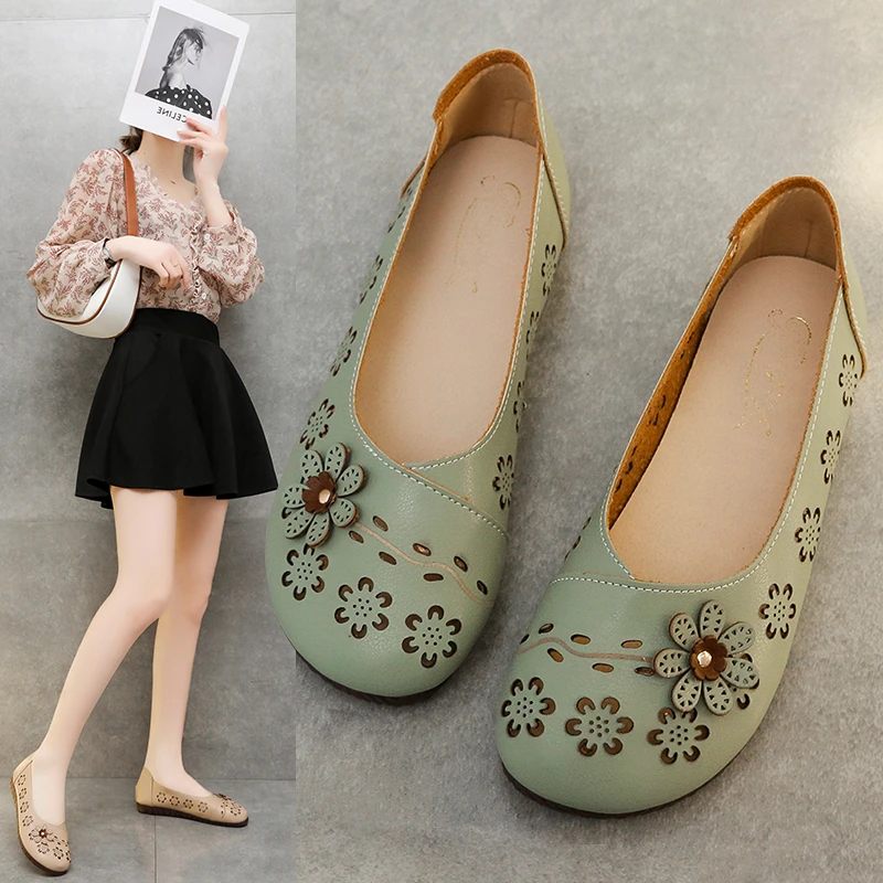 

New Arrival Women Casual Leather Flats Hollow Flower Comfortable Leisure Shoes Size 35-40