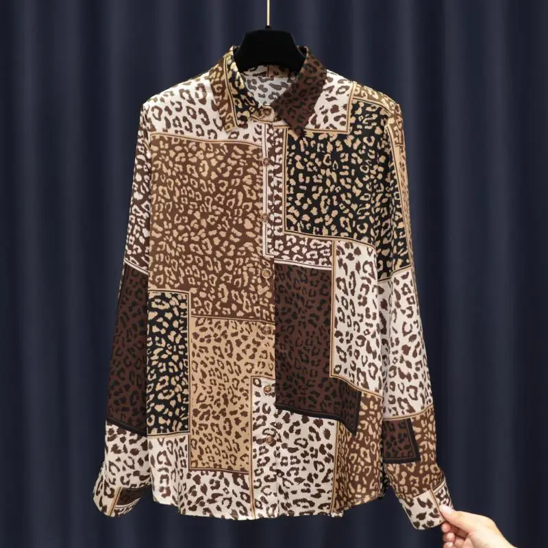 Vintage Leopard Printing Shirt Tops Spring New Turn-down Collar Long Sleeve Loose Versatile Blouses Trend Fashion Women Clothing