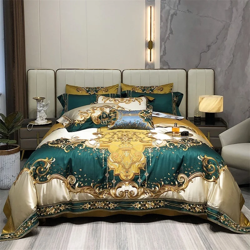 

High Precision Vintage Silk Brocade Egyptian Cotton Gold Embroidered Bedding Quilt Cover Set Bed Linen Bedspread Pillowcases