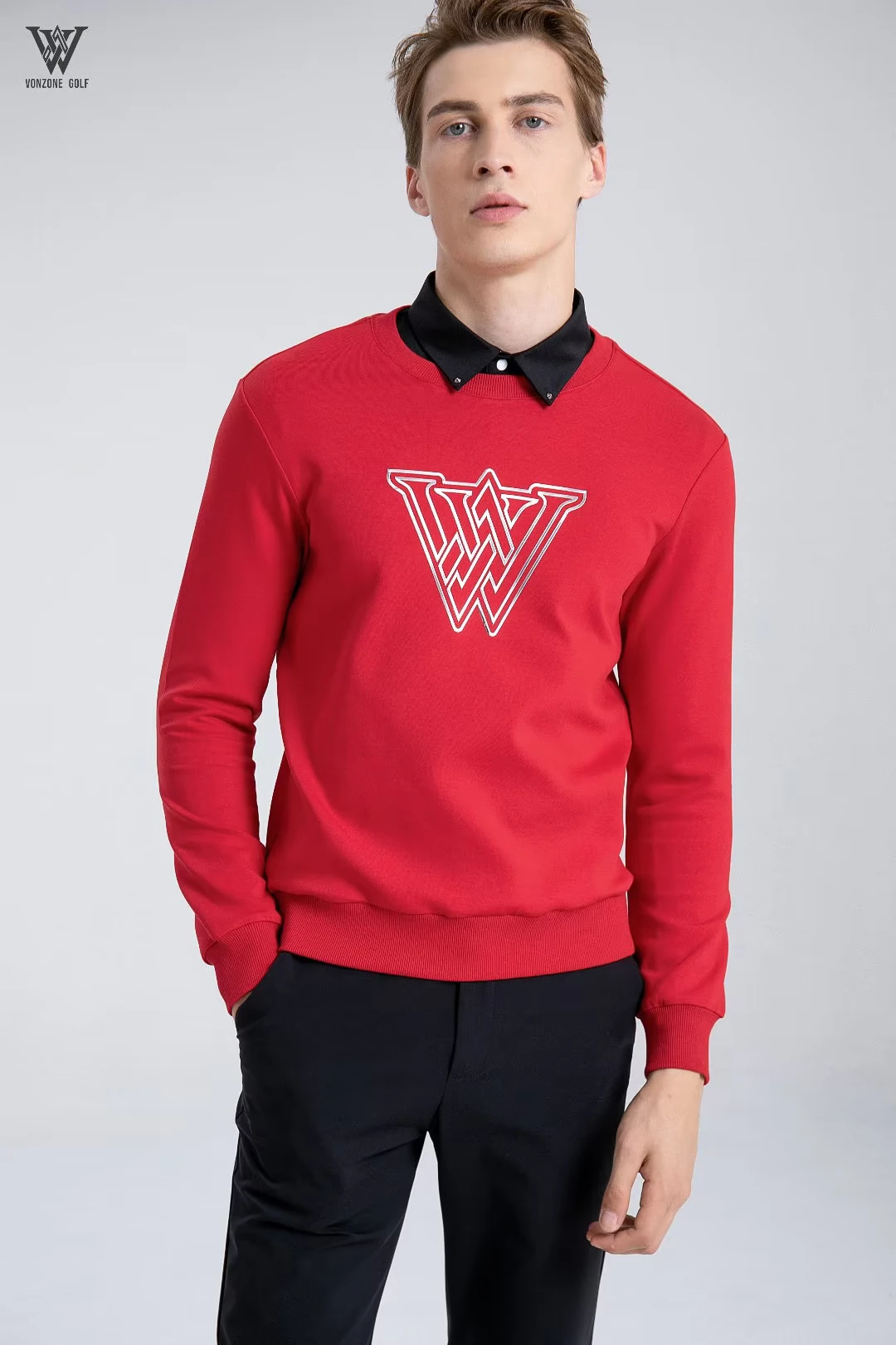 Small brand VONZONE new golf round neck men's long sleeve T-shirt fashion top hoodie black and white sportswear