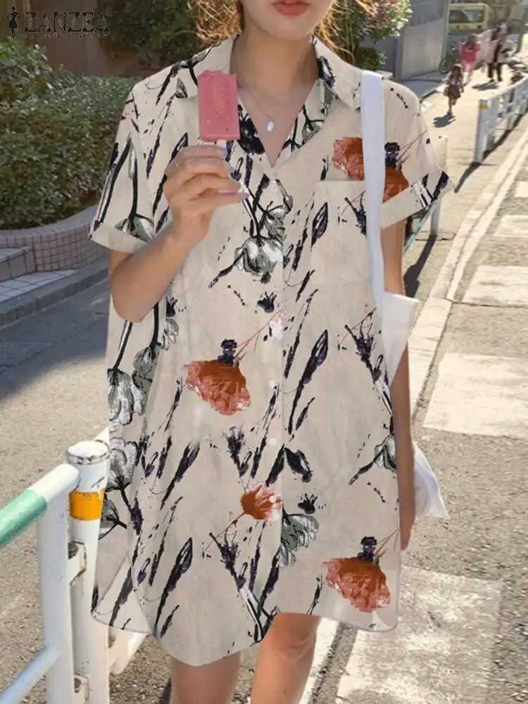

ZANZEA Lapel Short Sleeve Front Pockets Elegant Tops Women Summer Floral Printed Blouse Femme Bohemian Casual Beach Holiday Robe