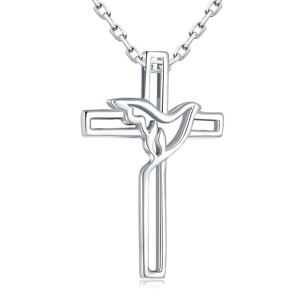 

925 Sterling Silver Hollow Dove of Religious Cross With Peace and Love Dove Bird Pendant Necklace Jewelry Women Gifts for Her