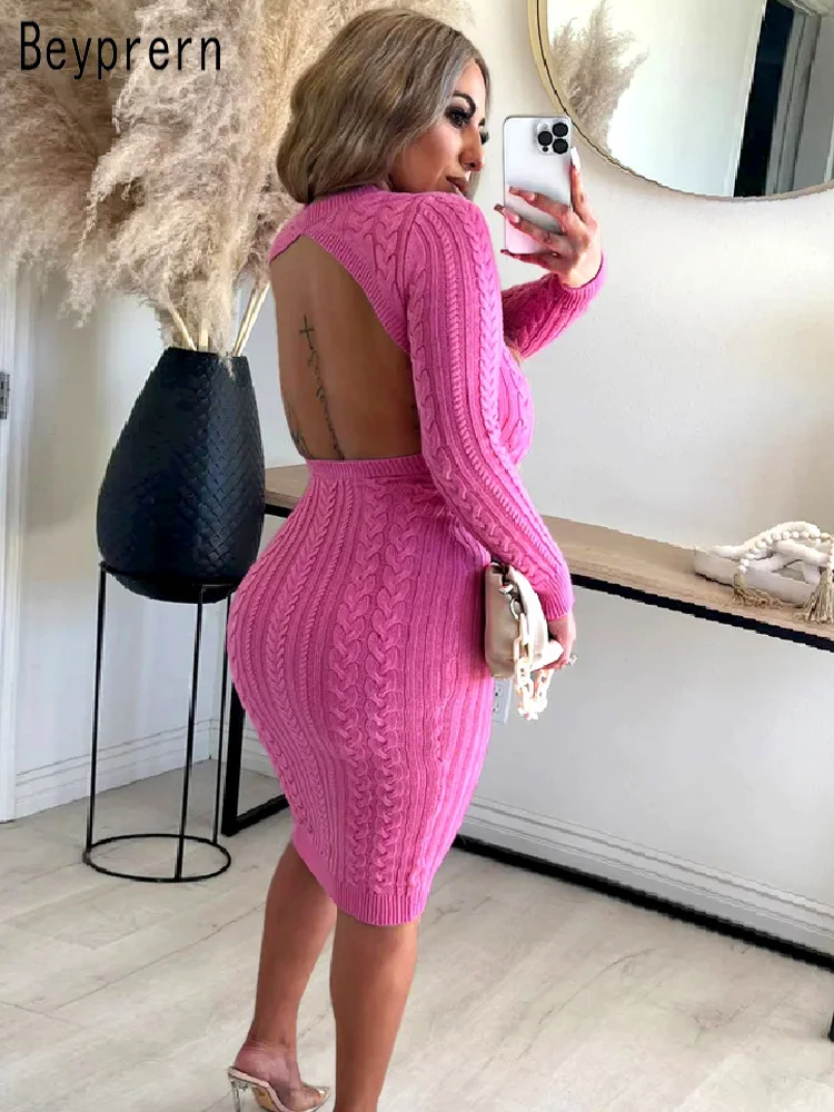 

Beyprern Elegant Backless Jacquard Knit Party Dress Autumn Long Sleeve Sweater Dress For Women Clothing Sexy Clubwear Vestidos