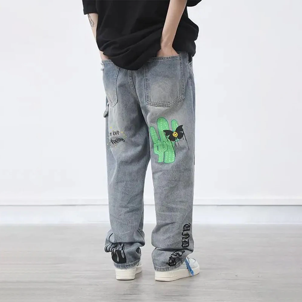 Skull Men Jeans High Street Hip Hop Print Loose Oversize Wide Leg Jeans Unisex Japanese Grafitti Casual Letter Straight