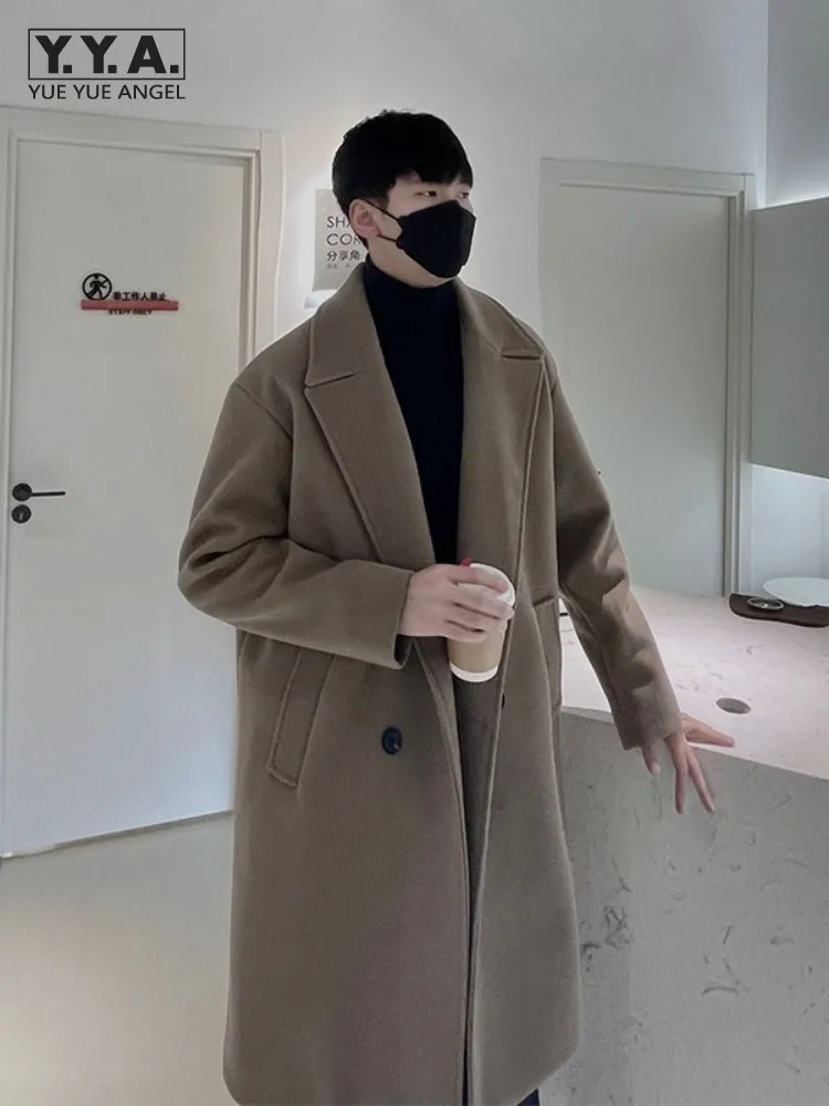 

Autumn Mens Wool Coat Loose Fit Double Breasted Casual Outerwear Vintage Winter Padded Lining Wool Blend Long Jacket Plus Size