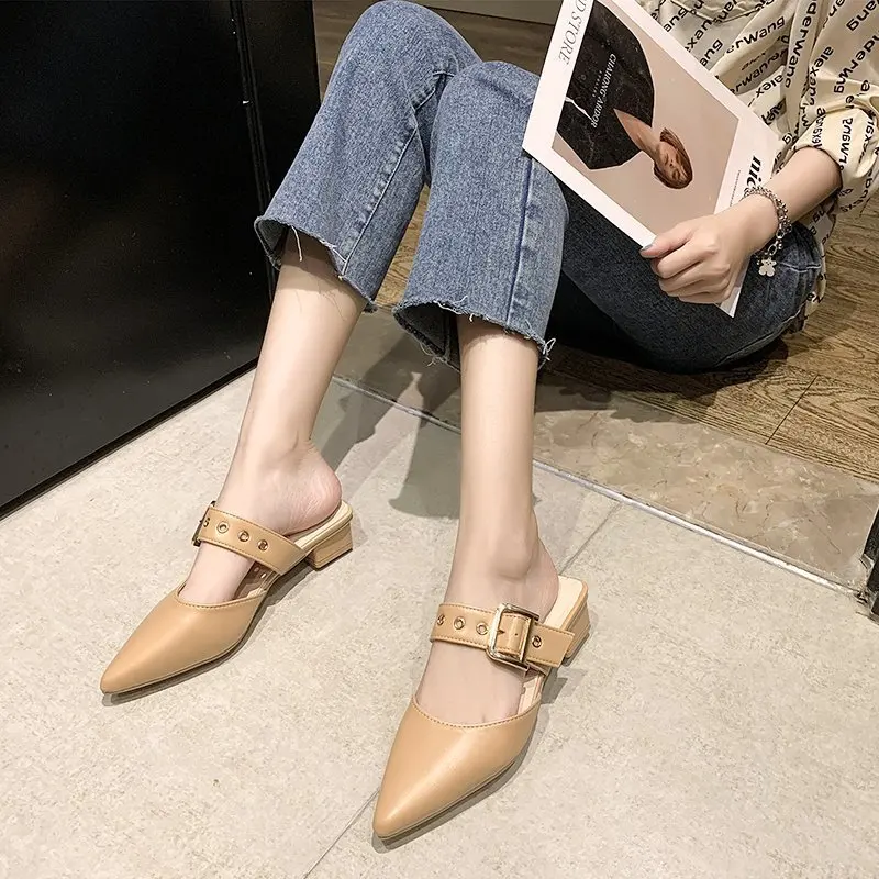 Spring Autumn Women Sandals Pointed PU Leather Cross Strap Pump Buckle Casual Female Metal Buckle High Heels Pointed Toe Shoes