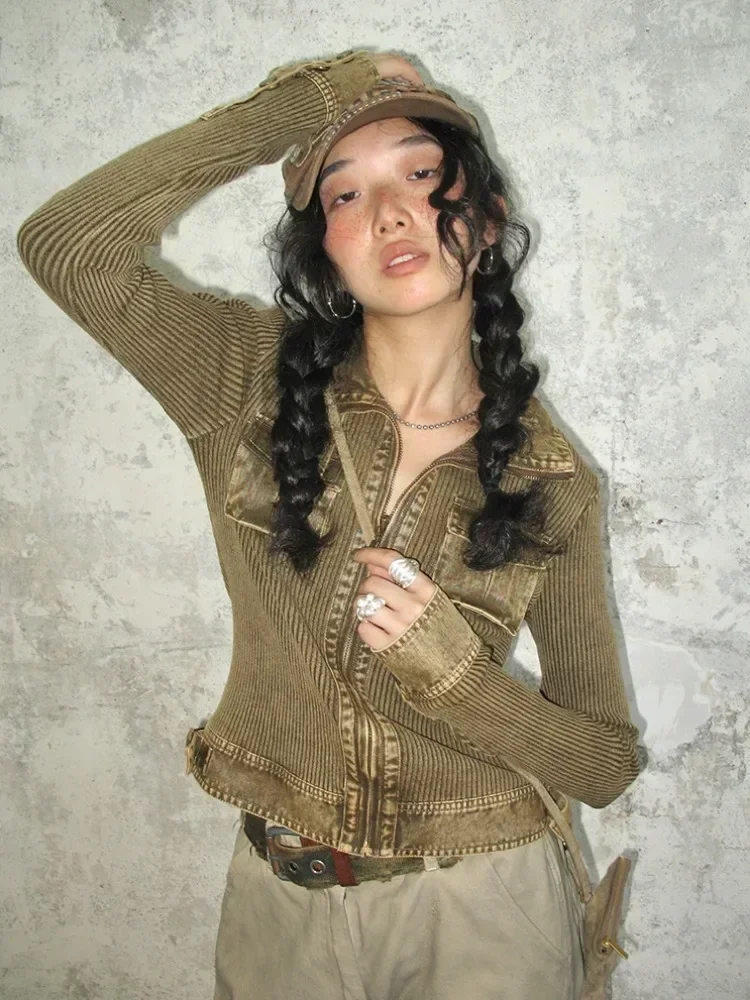 

Винтажный кардиган HOUZHOU Y2k, свитер, Женский Состаренный укороченный вязаный свитер составного кроя с карманами на молнии, Корейская осенняя одежда