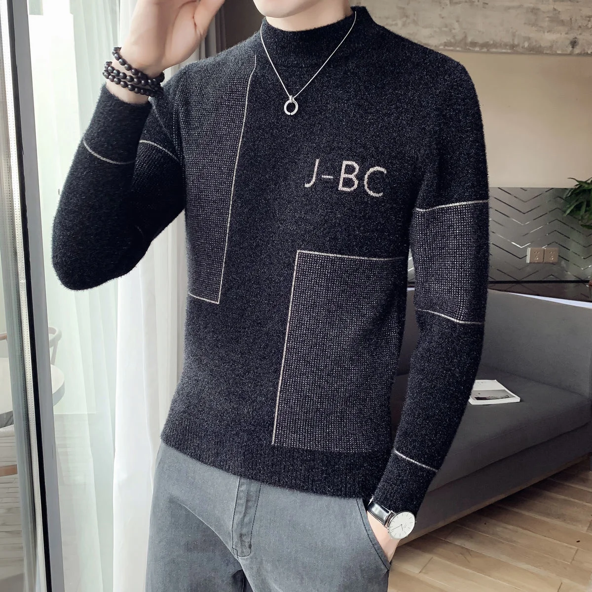 

High Quality Simple Square Line Letter Men Slim Fit Semi Turtleneck Sweater Soft Warm Korean Herren Pullover Winter