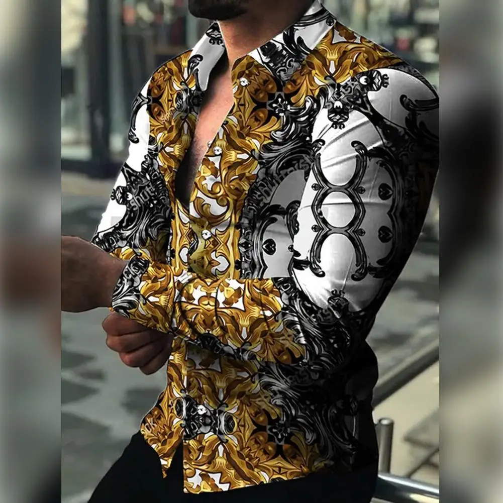 

Stylish Men Shirt Long Sleeves Button Lapel Cardigan Single-breasted Warm Slim Fit Casual Flower Print Autumn Top for Dating