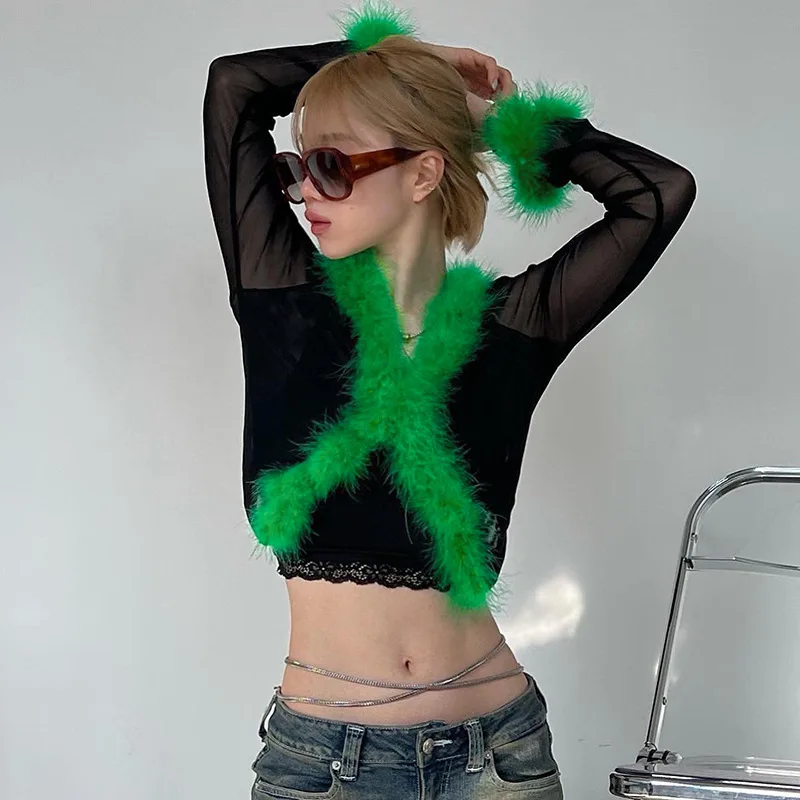 

Spring Summer Sexy Women Slim Crop Top Long Sleeve T shirt Brief Paragraph Coat With Fur Collar Teenage Girls Femmes T-Shirt