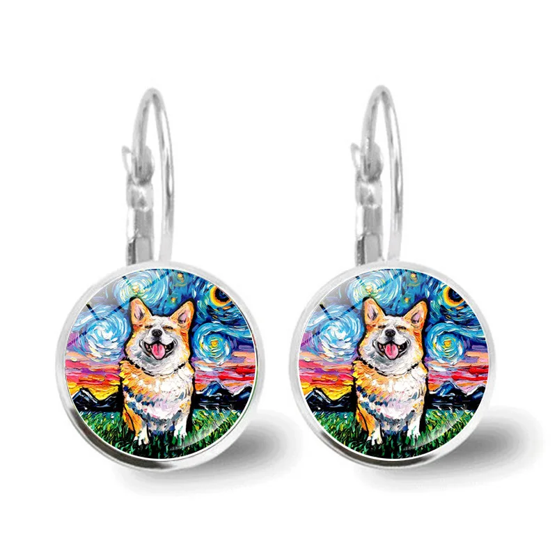 Popular Jewelry Glass Pendant Alloy Earrings Van Gogh The Starry Night Oil Painting Lovely Dogs Under Sky |