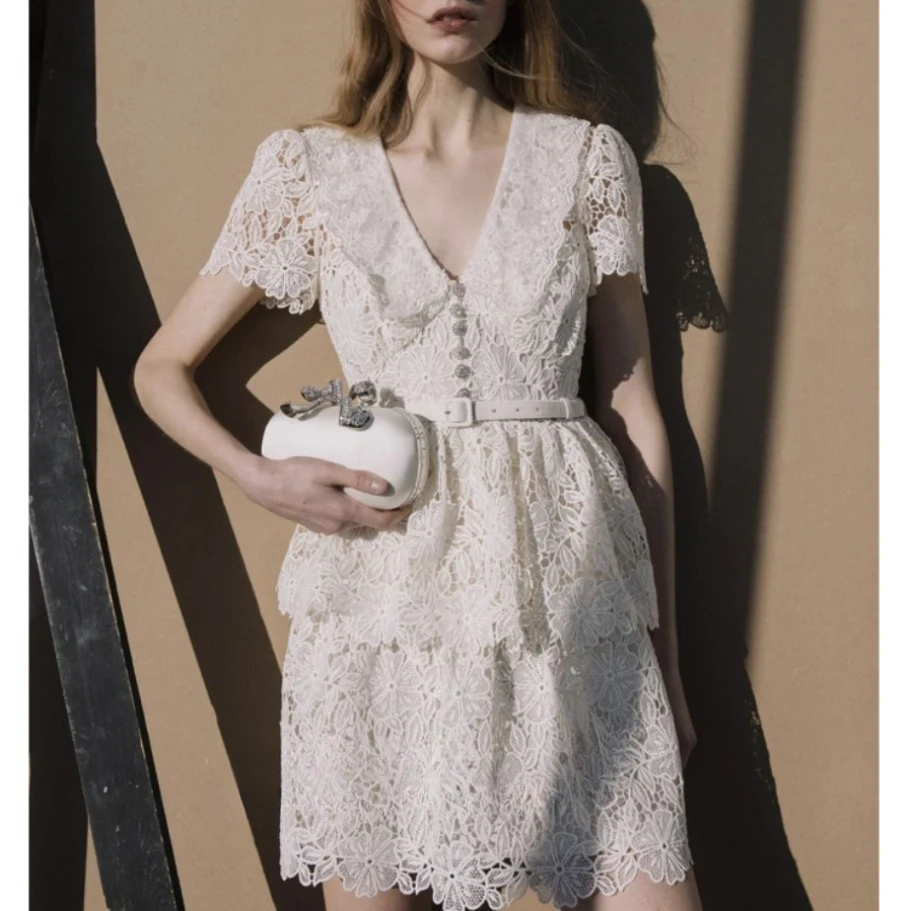 Высокое качество 2024 новинка лета белое платье цвета слоновой кости с короткими