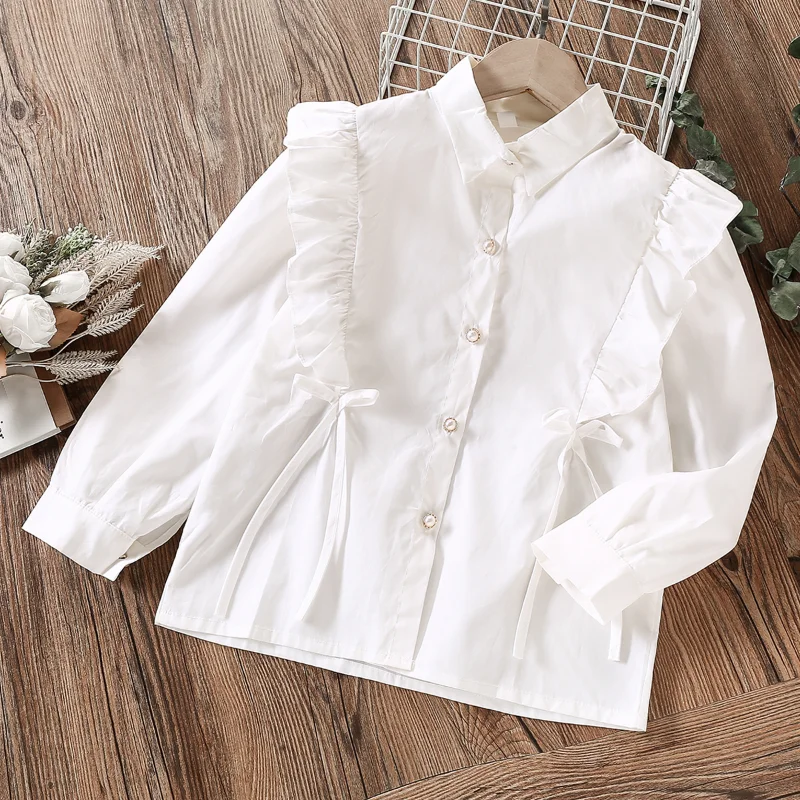 

Girls White Blouses Ruffle Spring Autumn Long Sleeve Children Clothes for Teenagers 6 8 10 11 12 13 Years Kids School Shirts