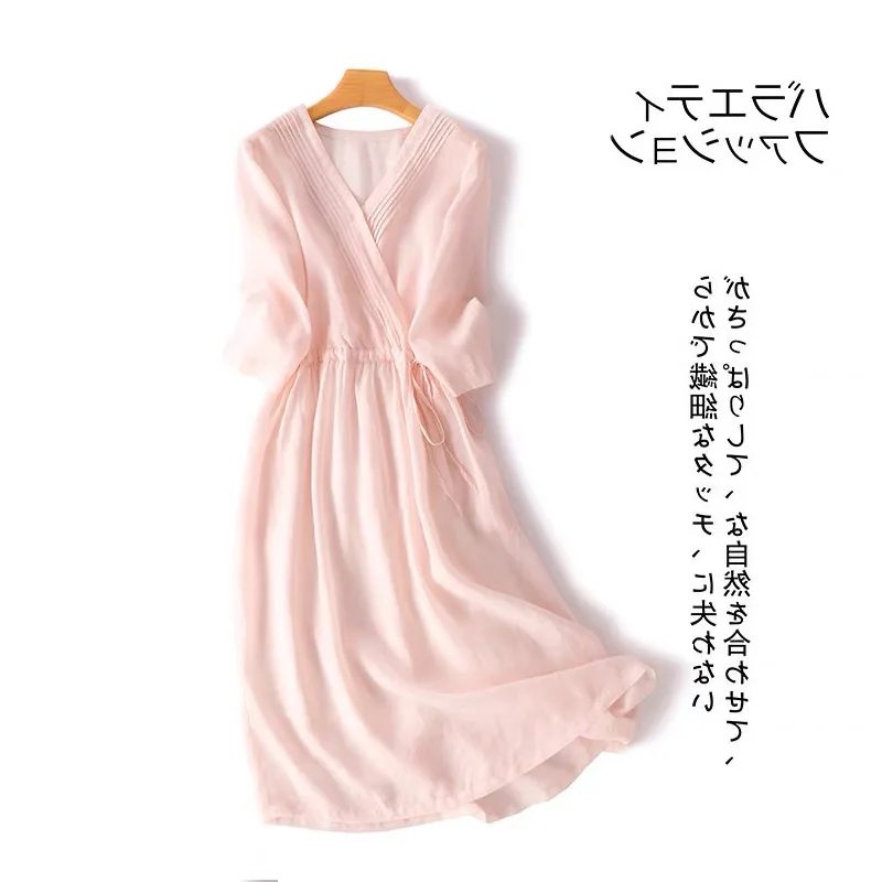 

Fashion High Quality 2023 New V-neck Folds Thin Soft Loose Cozy Fashion Pink Summer Dress Draw String Office Lady Work Dress Wom