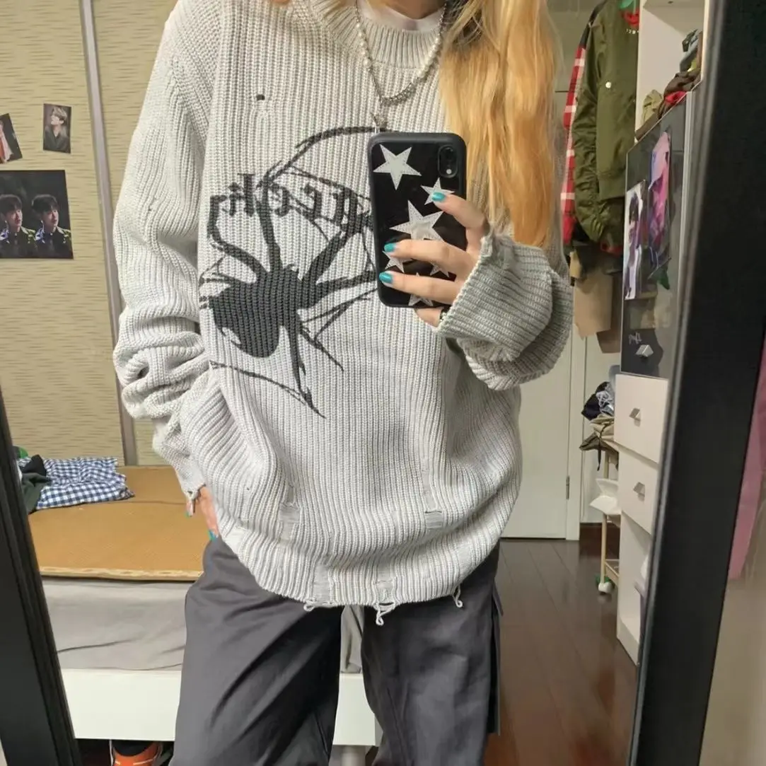 Винтажные Топы гранж Y2k с принтом паука в стиле Харадзюку тонкий свитер женский