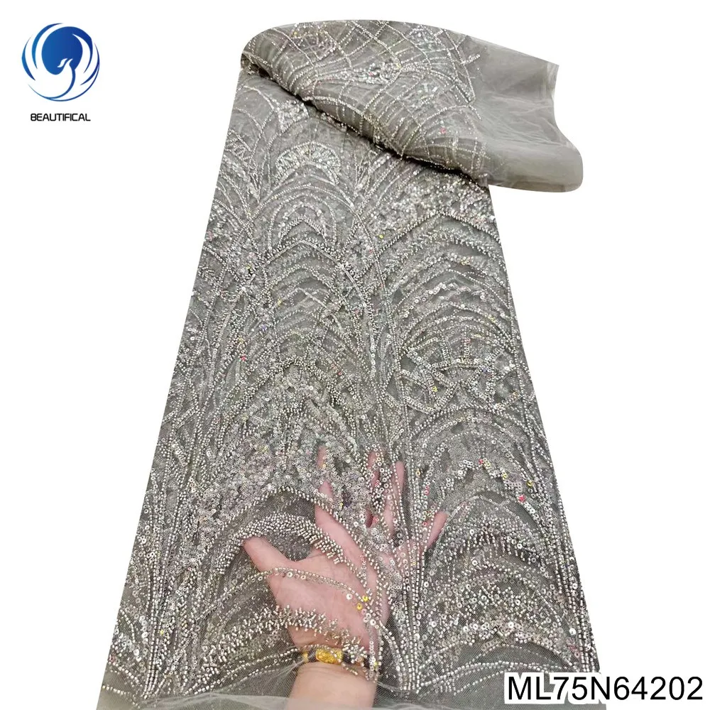 

2023 Hot Sale Noble All Sterling Silver Gray African Sequins Lace Fabric with French Heavy Beaded Big Occasion Dress ML75N642