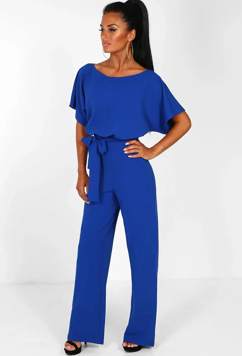 Summer Button Women Jumpsuit Solid Lace Up Short Sleeve Top Light Mature Straight Jumpsuit Bowknot Belt Set Fashion Office Set