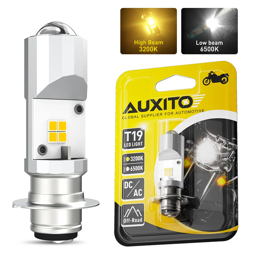 

Автомобильные фары AUXITO T19 P15D для мотоциклов, лампы головного света P15D, лампы 12 В дальнего и ближнего света, двухцветные, 3200K, желтые и 6500K, белые, 1 шт.