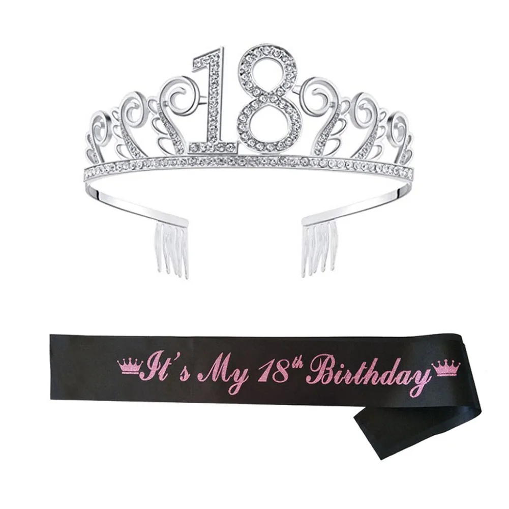 

18th Birthday Crown Queen Sash Luxurious Pageant Ornaments Glitter Satin Sash Decorations 60th Birthday Cake Topper