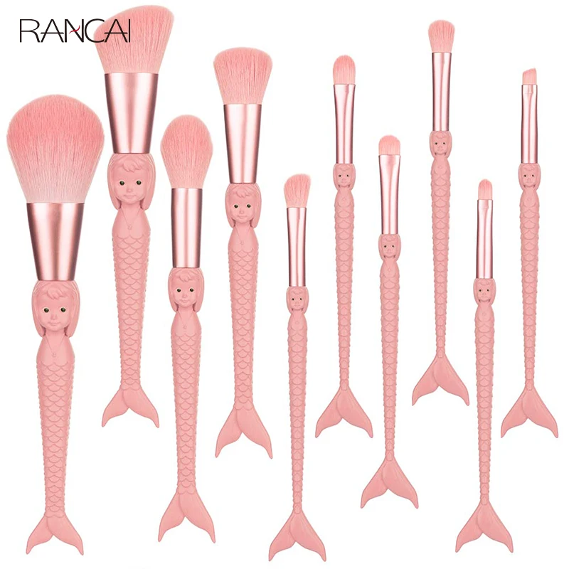 

RANCAI 10 Pcs Powder Foundation Blush Blending Eye shadow Lip Cosmetic Beauty Make Up Brush Kits New Mermaid Makeup Brushes Set