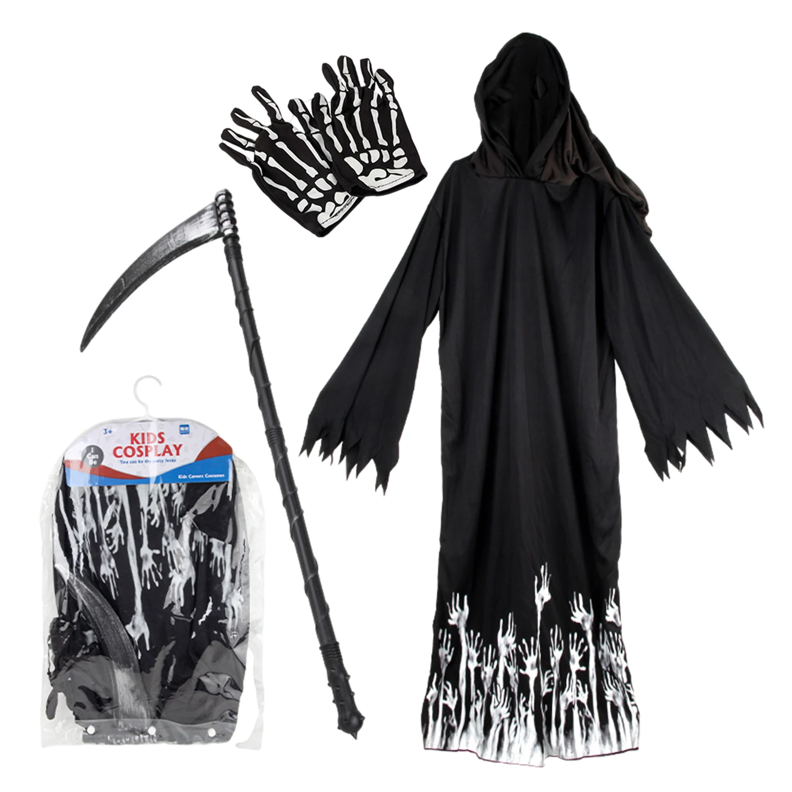 

Halloween Hoodies Robe Cosplay Men And Kids Tunic Hooded Robe With Pair Of Gloves And Scythe Black Tunic Uniform Full Halloween