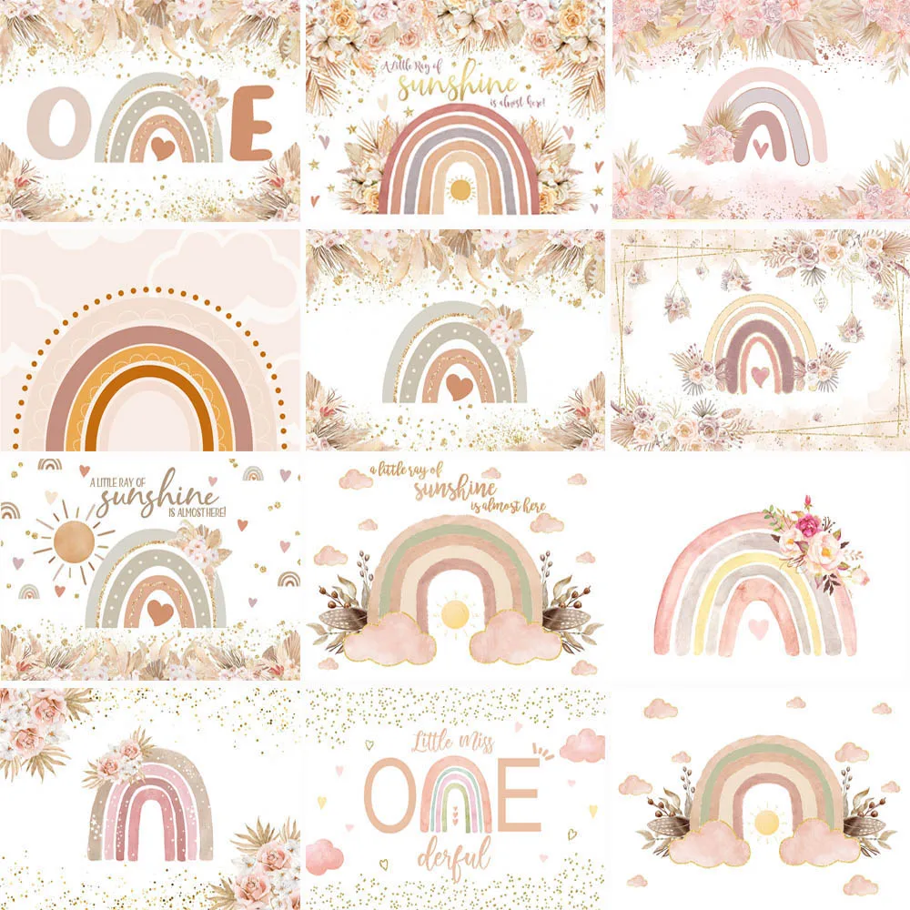 

Bohemian Rainbow Party Backdrop Boho Pampas Grass Decoration Newborn 1st Birthday Portrait Cake Smash Background Photo Studio