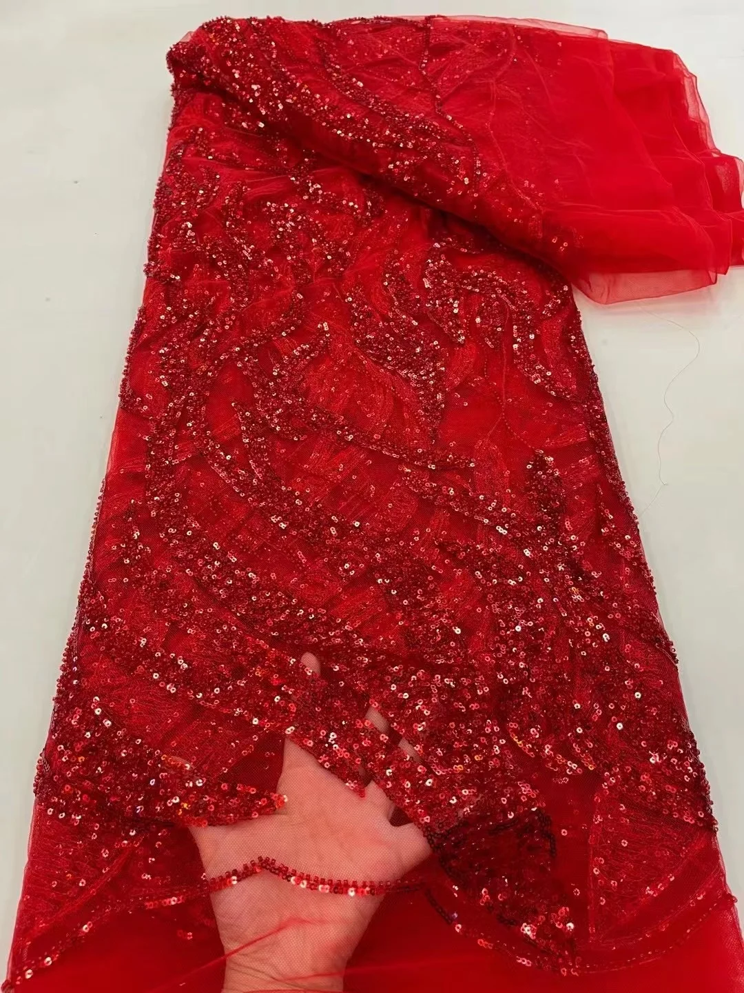 

Latest Nigeria Lace Fabric Sequence 2022 RED Luxury Beads Lace Handmade Fabric Tulle Embroidery For Women Dress