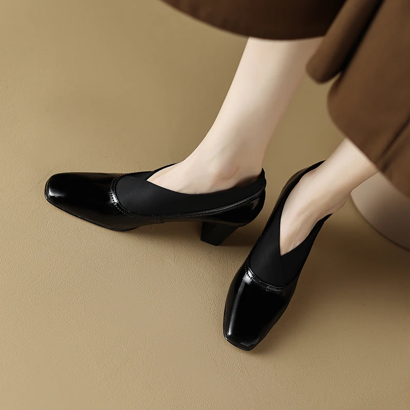 Spring and Autumn Cowhide Women's Shoes Square Toe Lacquer Leather Elastic Belt High Heel Simple Thick Heel Women's Shoes