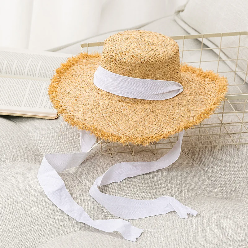 

Summer Big Lady Eaves Lafite Burrs Straw Hat Shading Sunbonnet Hat Resort INS Flat Top Fashion Elegant Art Wind Caps