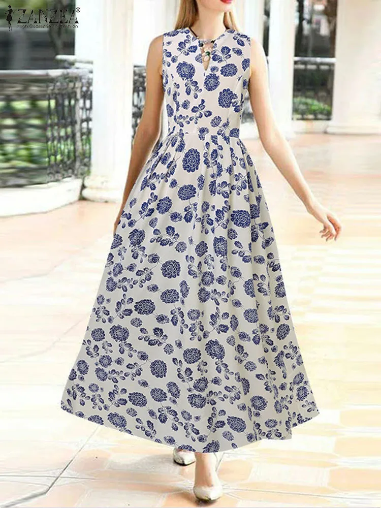 

ZANZEA Summer Tank Dress Vacation Sleeveless Maxi Dress Women Floral Print V Neck Waisted A-line Vestidos Casual Beach Sundress
