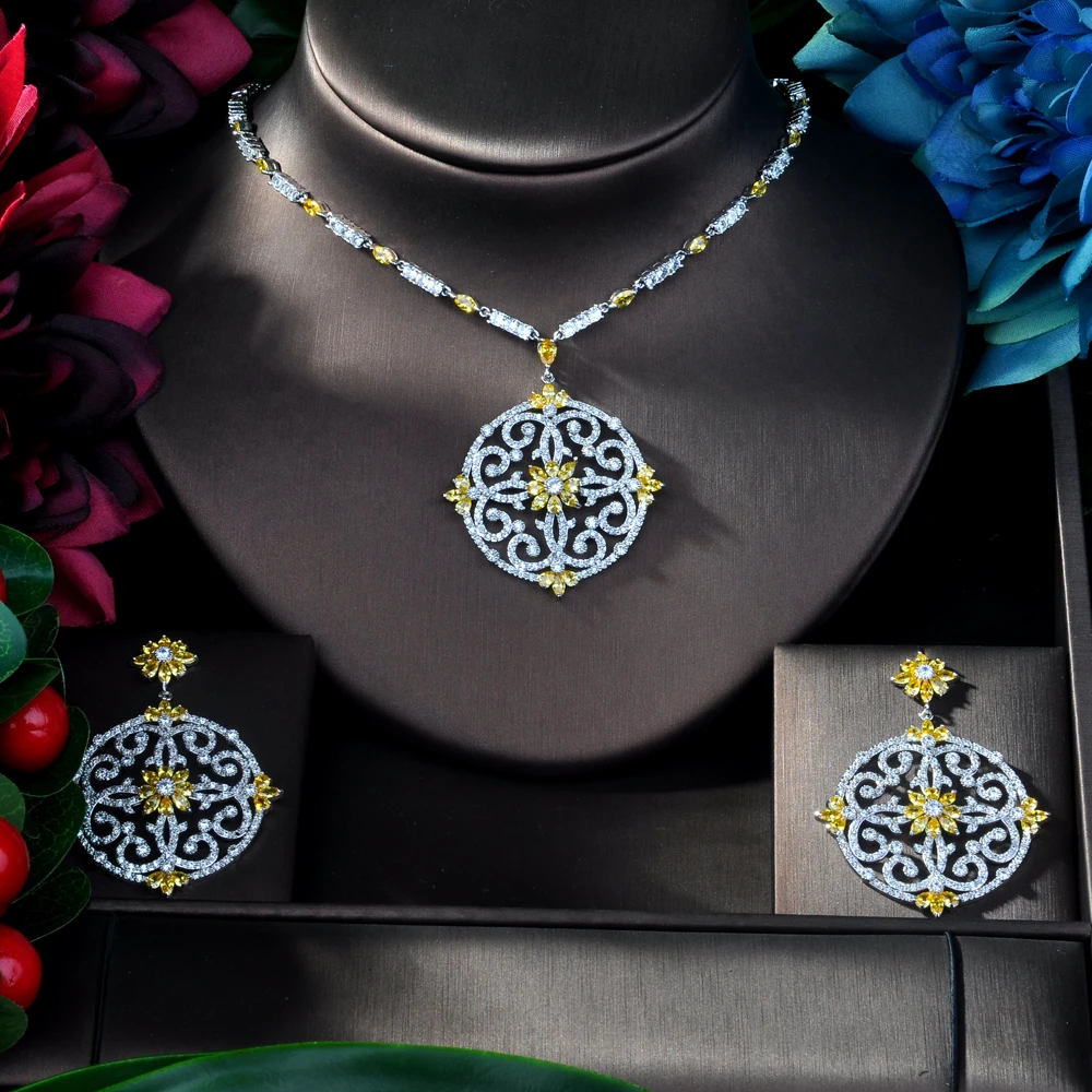 

Fashion Luxury Women Jewels Elegant Shape Bridal CZ necklace earrings Big Wedding Jewelry Sets For Bride N-157