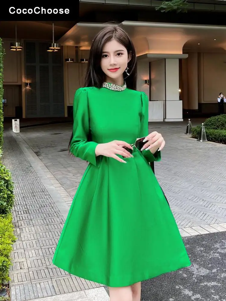 

Autumn Winter Diamonds Beading Designer Dress Women Luxury 2022 Runway Party Long Sleeve Aline Silk Wool Black Dresses Red Green