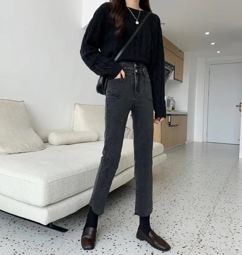 

N5654 новые модные Универсальные прямые подходящие ко всему тонкие брюки джинсы с высокой талией