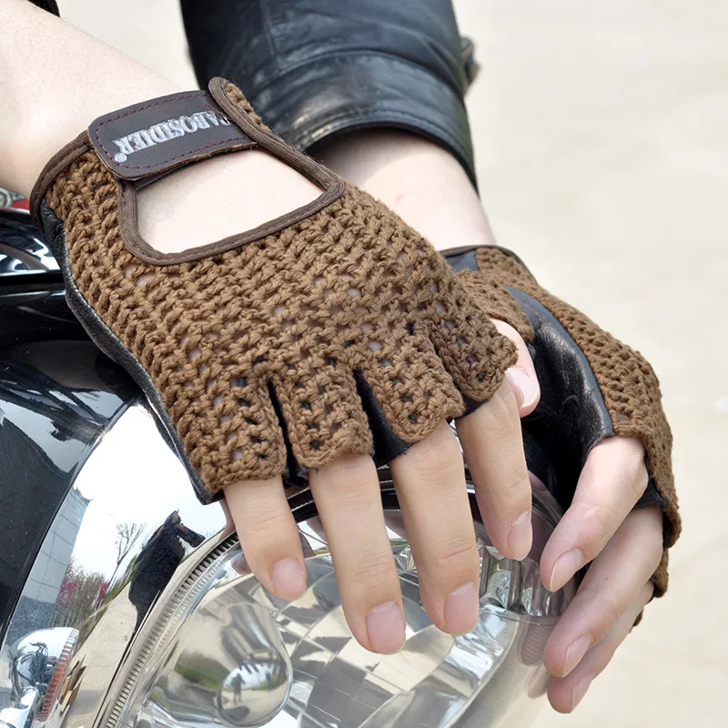 

Leather Half-Finger Gloves Men Kraft Knitting Fitness Driving Motorcycle Cycling Sport Gloves Skid Proof Breathable Gloves