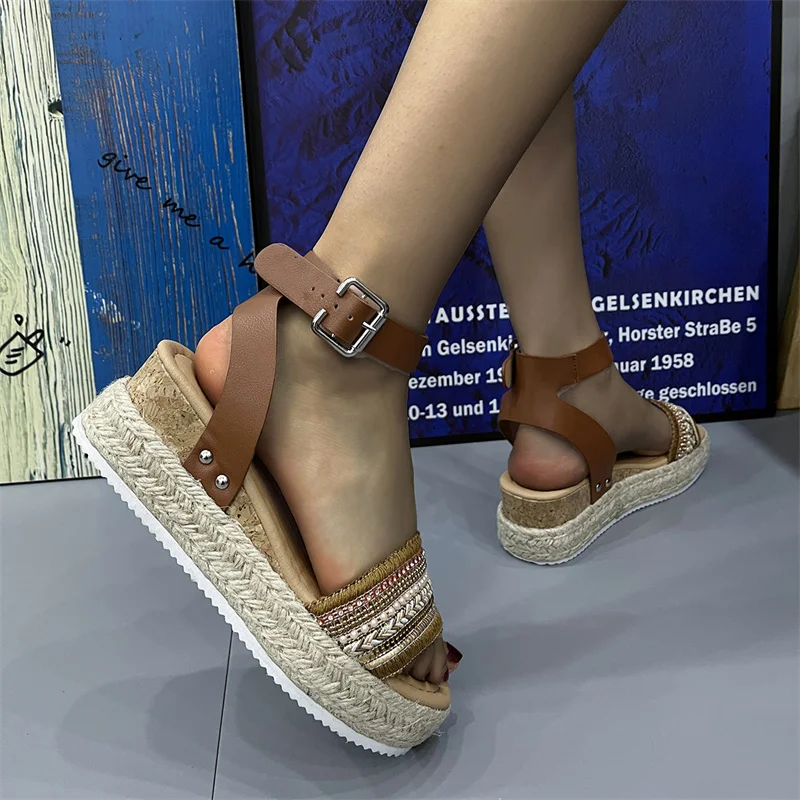 New Women's Sandals Hemp Wedge High Heel Sandals Sandals Mujer Platform Sandals Summer Wedge Shoes Women's Summer Footwear