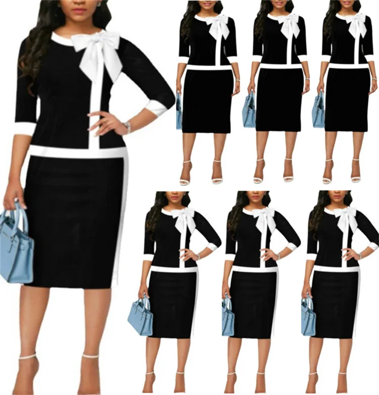 

2023 Women's professional round neck tie fitting dress casual dress