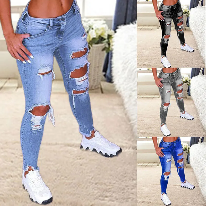 2022 Women's Stretch Jeans Low Rise Ripped Skinny Hip Slim Jean Mom Spandex Denim Clothing Jeans Female Overalls Pencil Pants