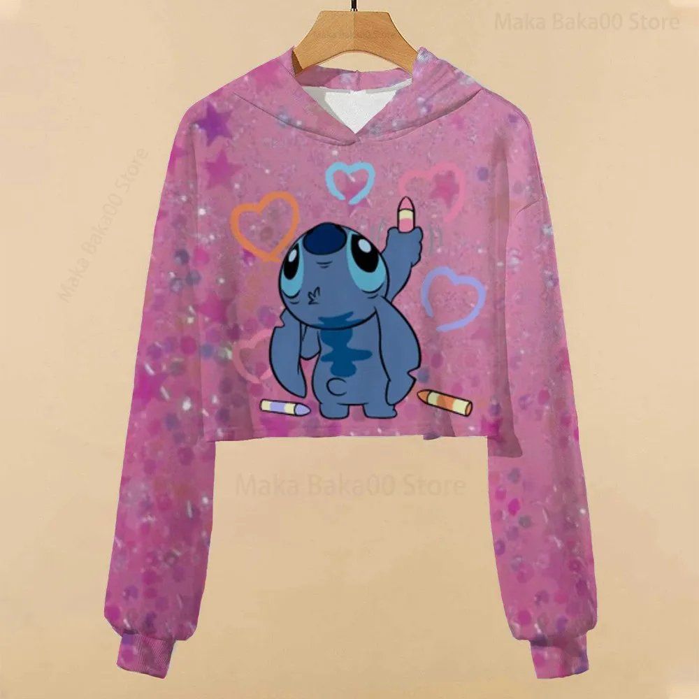 Купи New girls' clothing Disney autumn and winter Stitch print cropped hoodie sweater casual cartoon sweatshirt girls top за 180 рублей в магазине AliExpress
