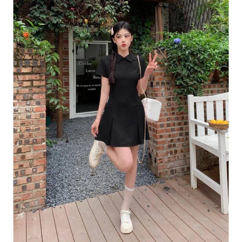 Модное широкое Плиссированное мини-платье с молнией спереди и коротким рукавом