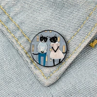 cats first date pattern printed pin custom funny brooches shirt lapel bag cute badge cartoon enamel pins for lover girl friends