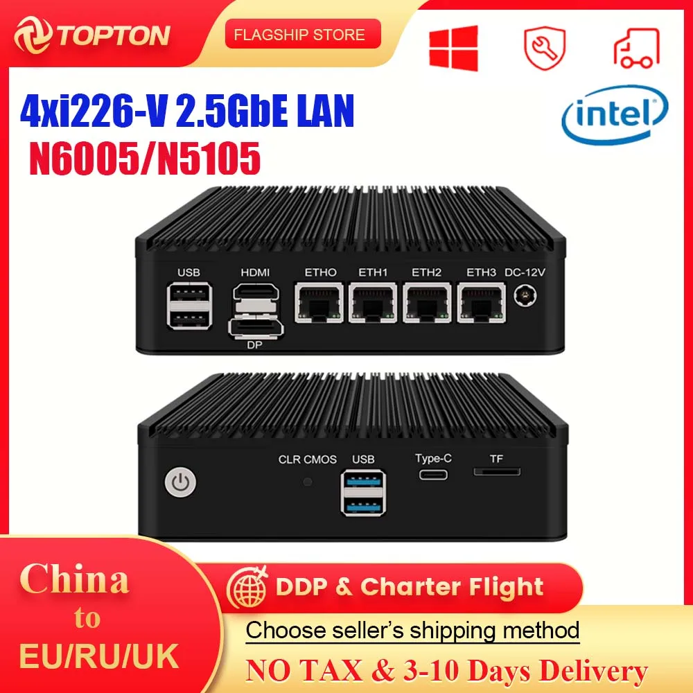 Fanless Mini PC 4 LAN Intel i226-V B3 Nics 2.5G N6005 N5105 TPM2.0 Soft Mini Router Firewall Network Application Computer