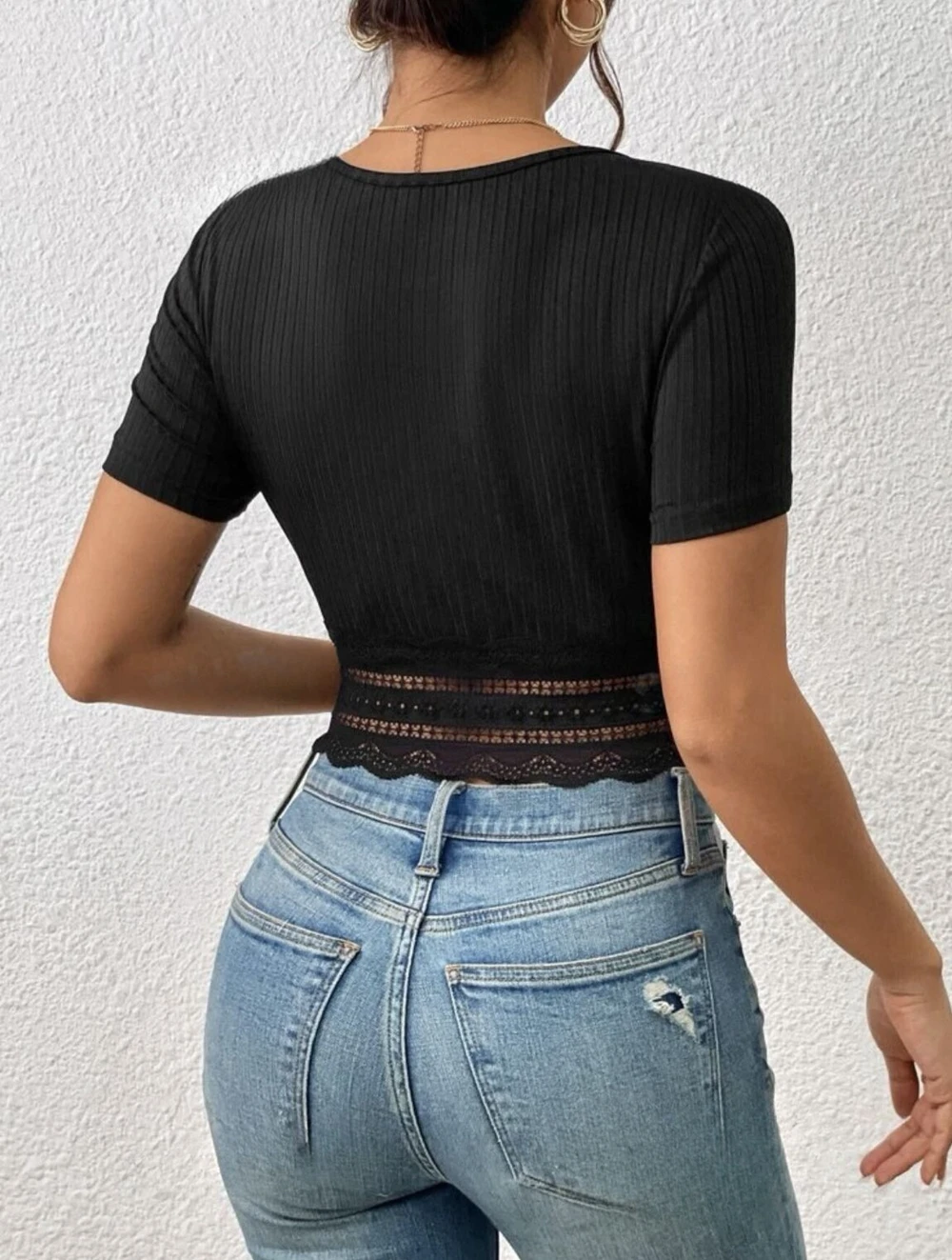 Женский кружевной топ Однотонная футболка с коротким рукавом и круглым вырезом