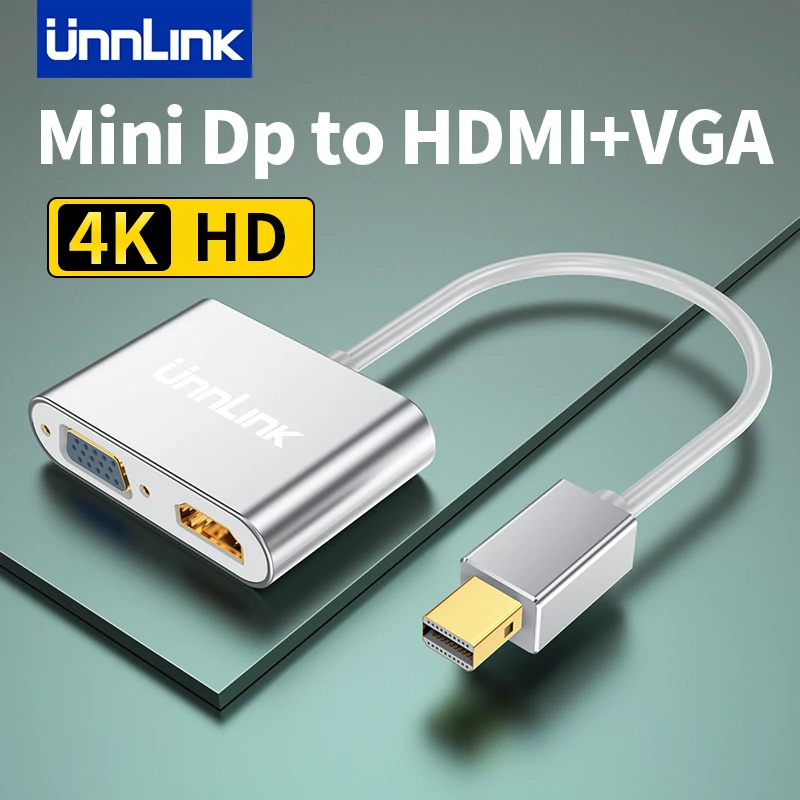 Unnlink 2 In 1 Thunderbolt Mini DP to HDMI VGA Adapter 4K 1080P Displayport Hub Cable Converter for Macbook Pro Air to TV