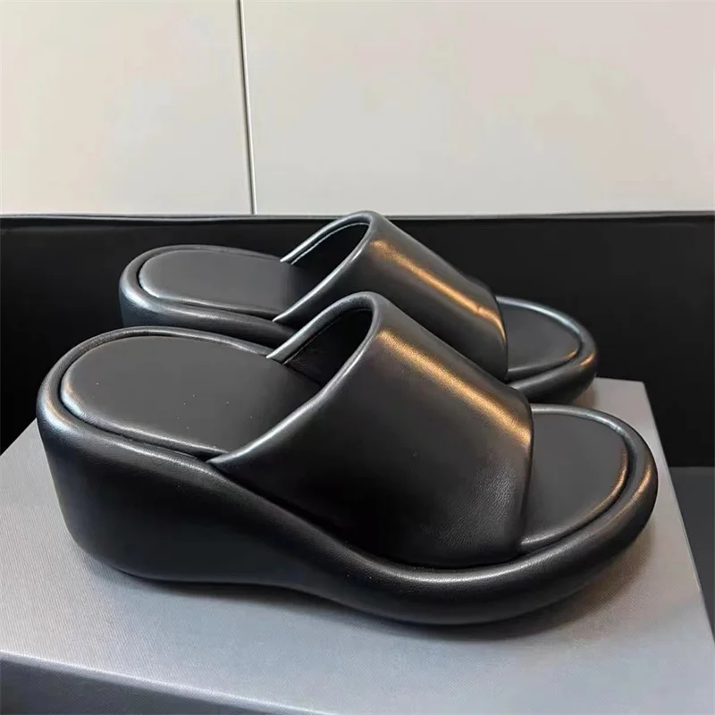 Summer Fashion Thick Soled Women's Slippers 2023 Round Head Increase Height Roman Wedges Sandals Genuine Leather Casual Shoes